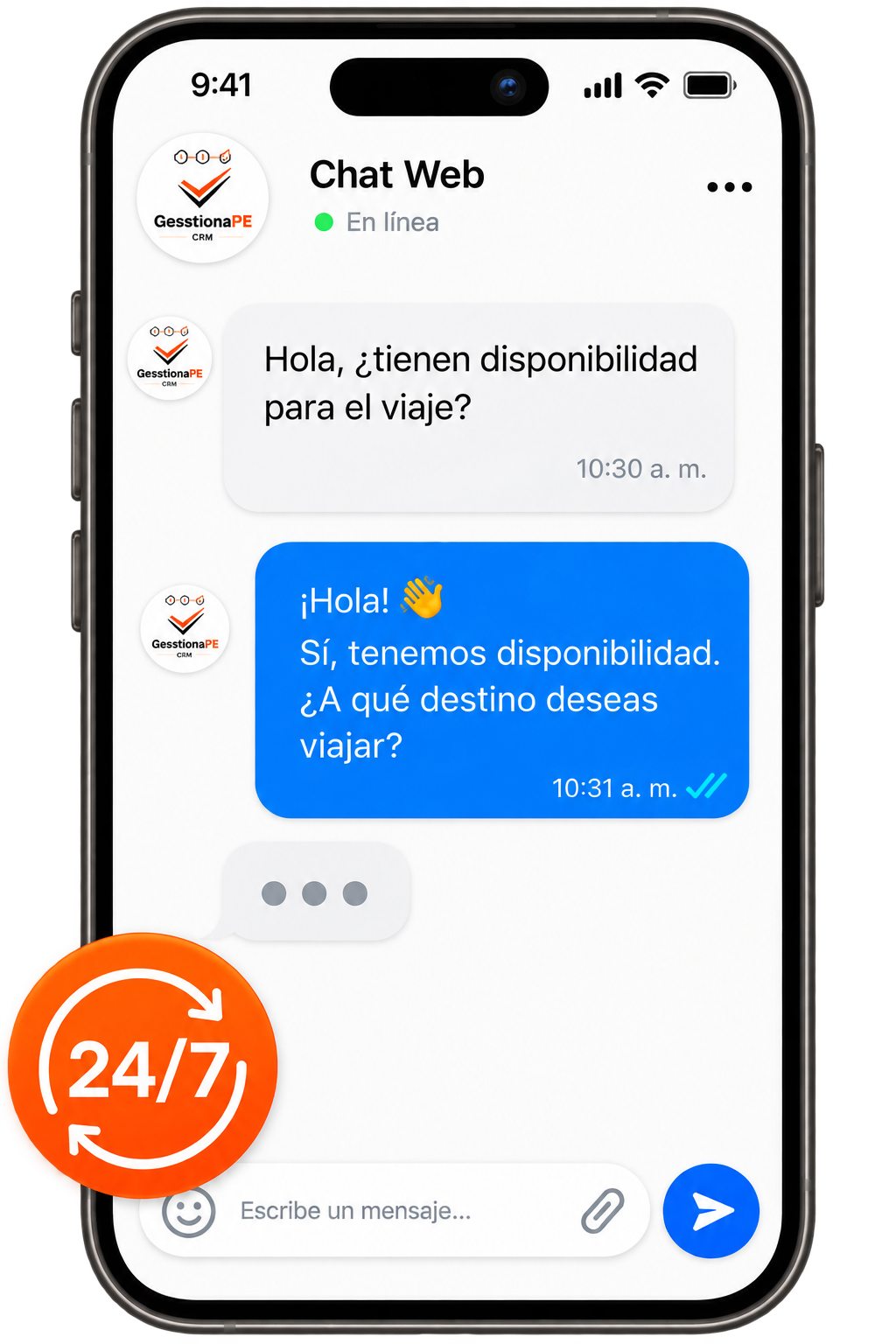 Chat web del CRM en teléfono móvil con atención 24/7