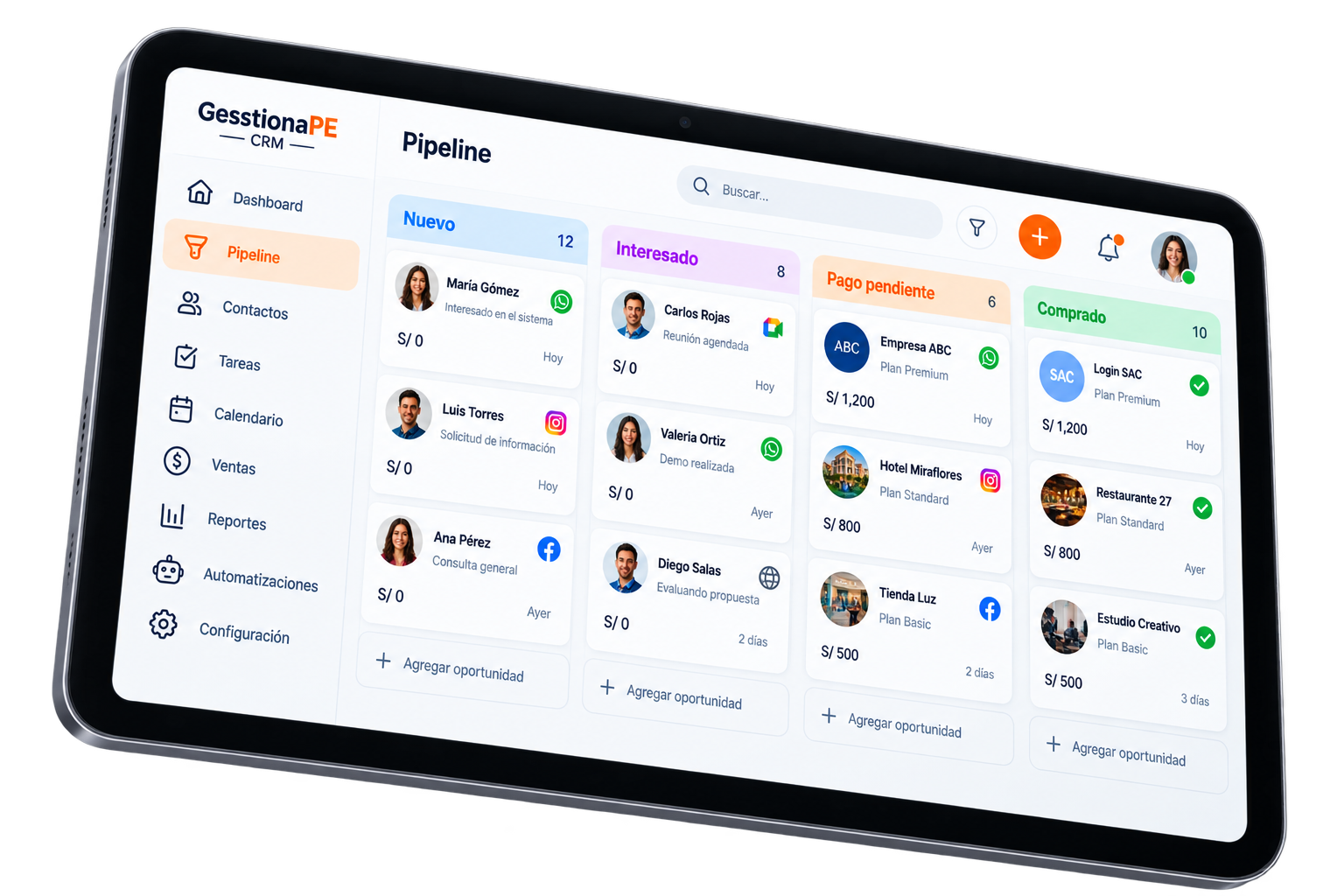 Pipeline de oportunidades en tablet